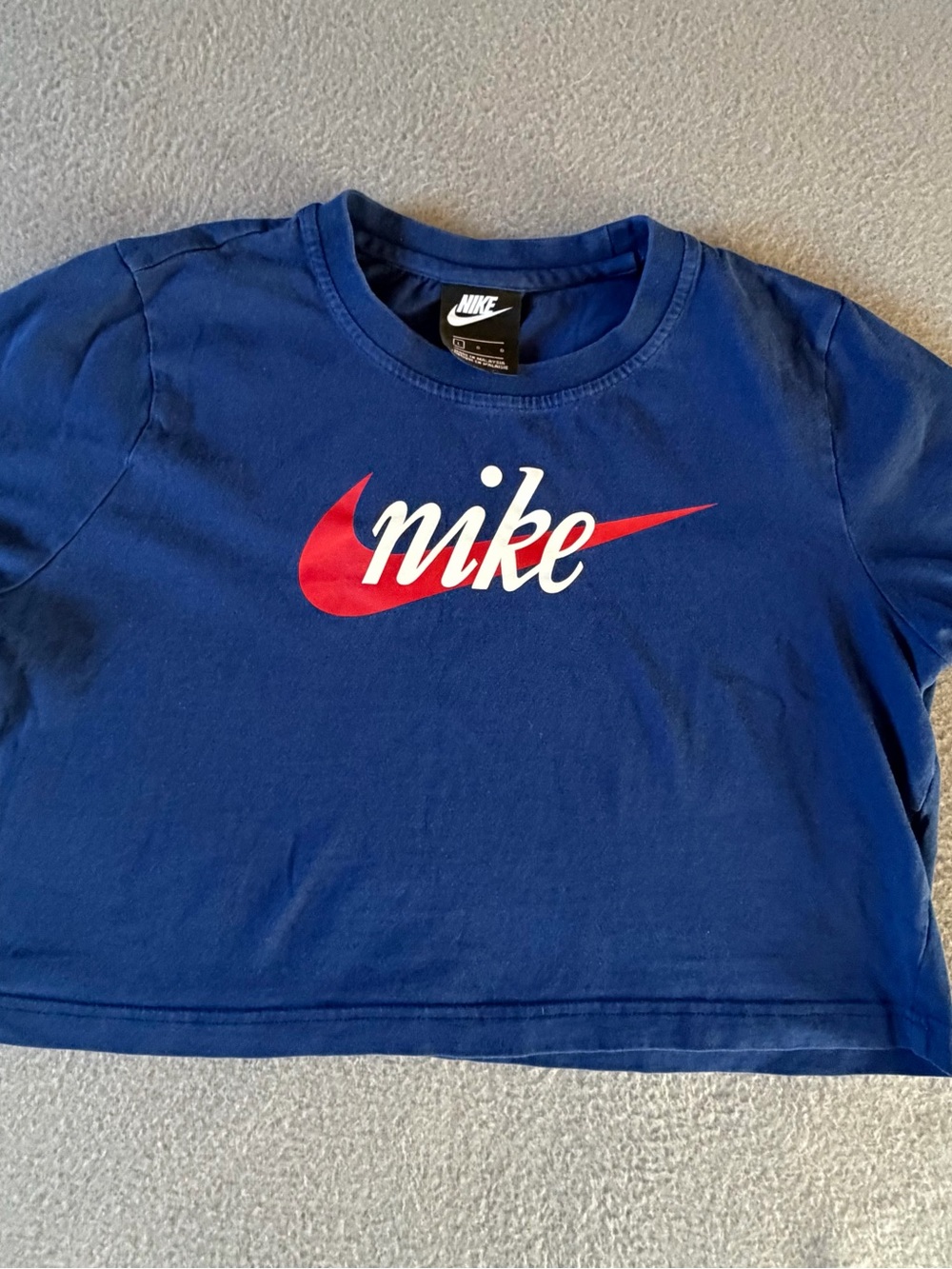 Nike Womens Cropped Blue Logo Tee with Red Swooshing Size L